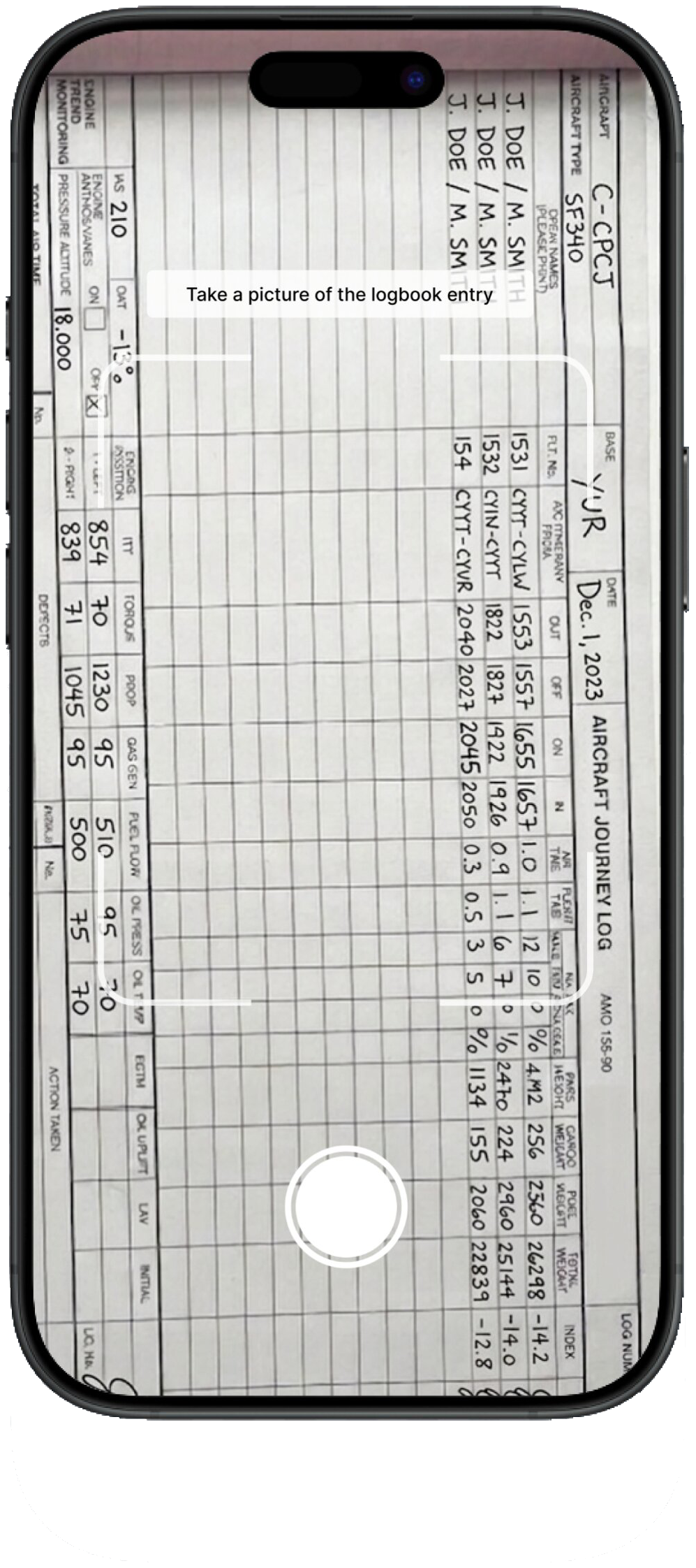 Pilot Logbook AI capturing a paper pilot logbook page with the camera